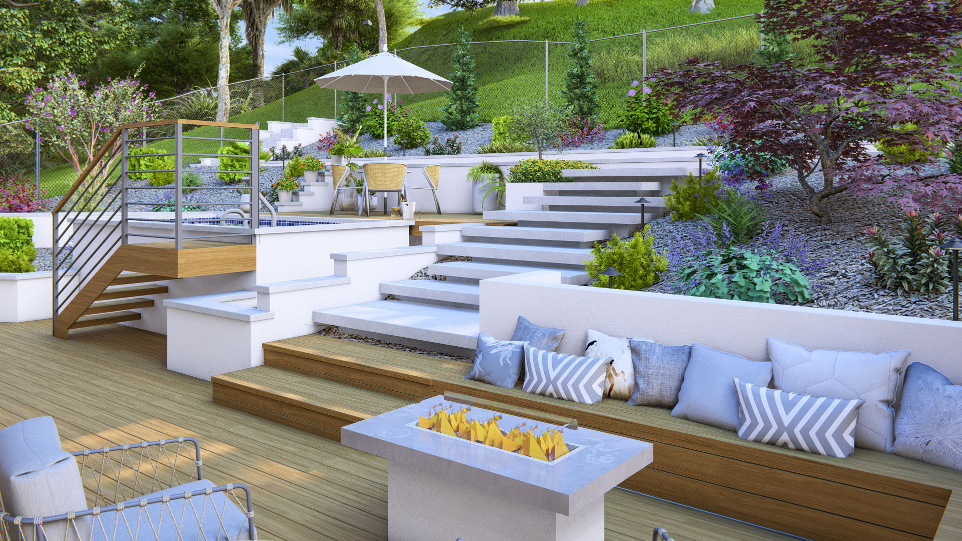 Terraced Hillside Backyard with Decking, Spa & Outdoor Lounge
